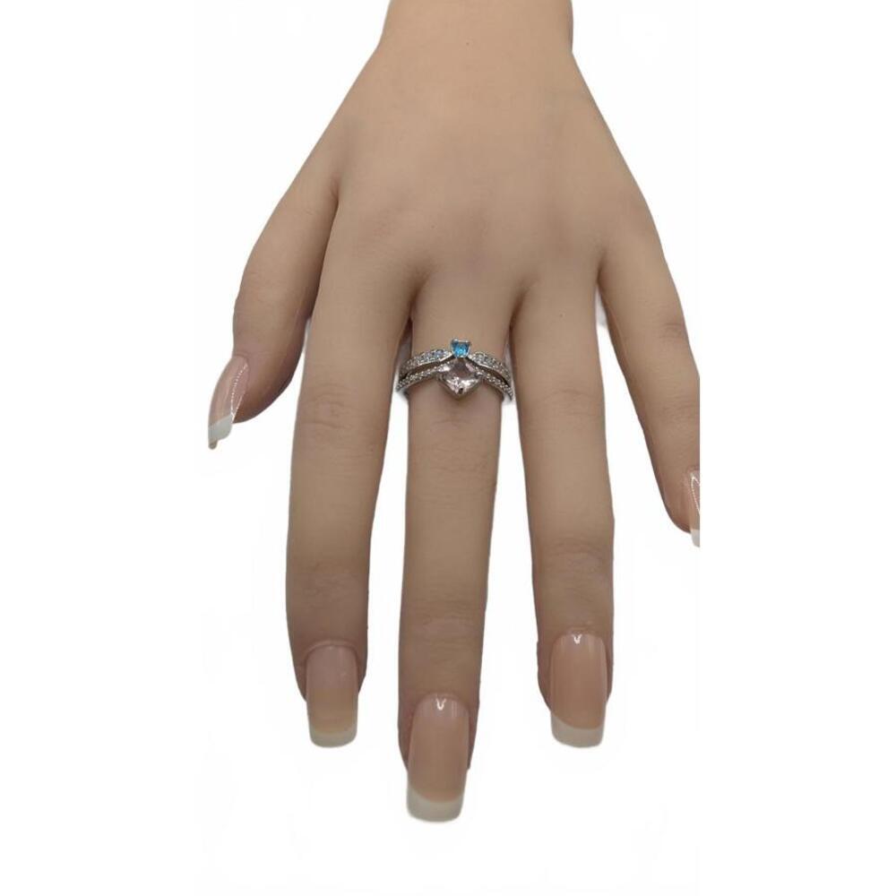 Silver Tone Ring with Pink and Blue Gemstones Size 9